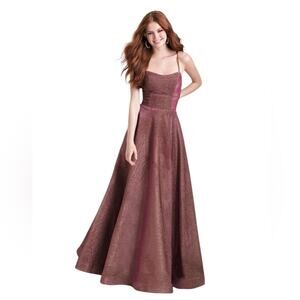 Madison James metallic lace up back slit front gown sz 0